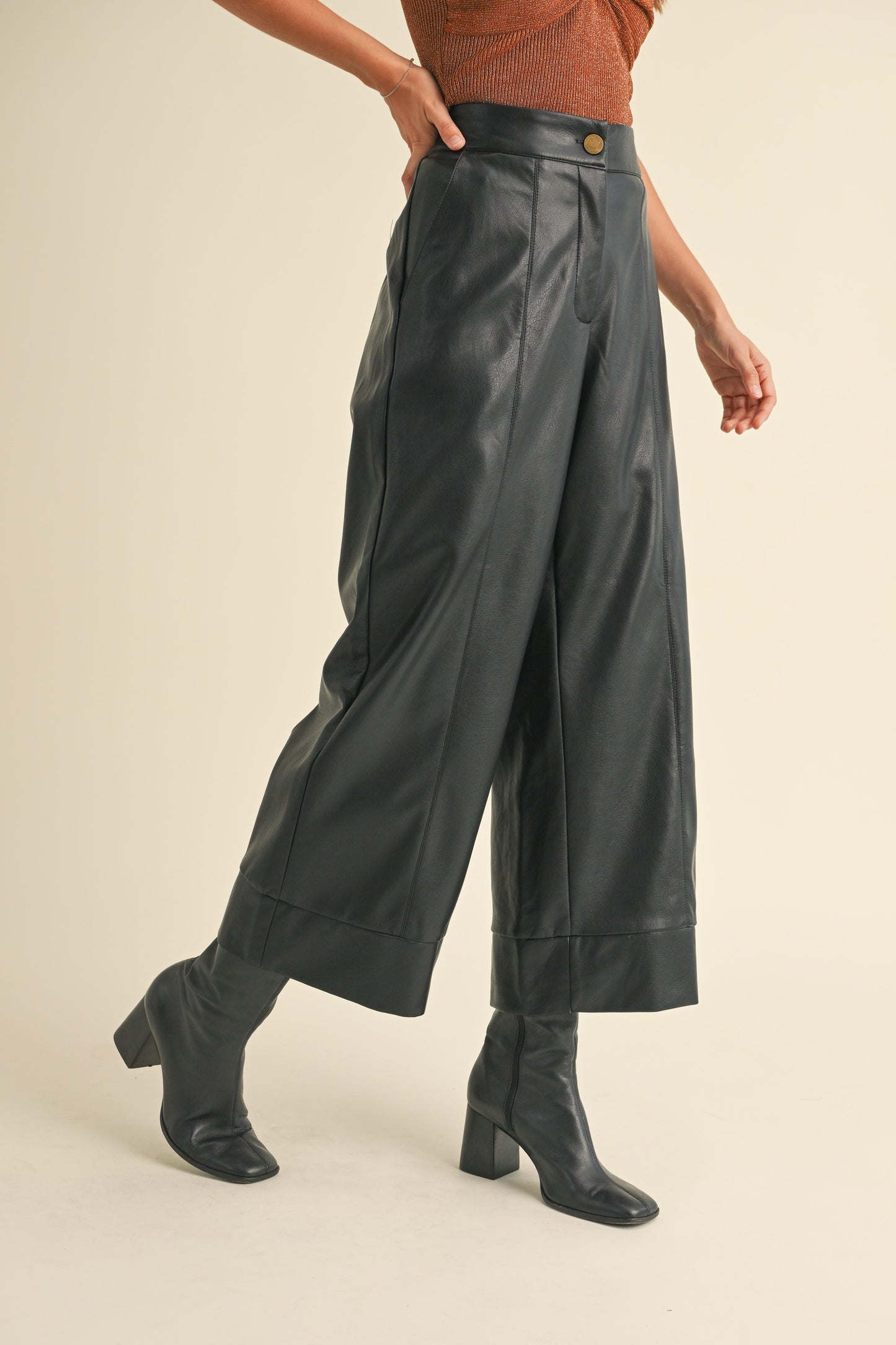 Black Faux Leather Wide Leg Pants