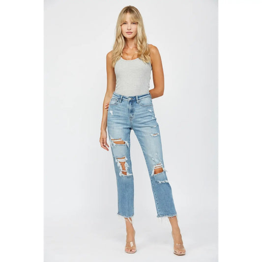 Distressed High Rise Straight Leg Jeans