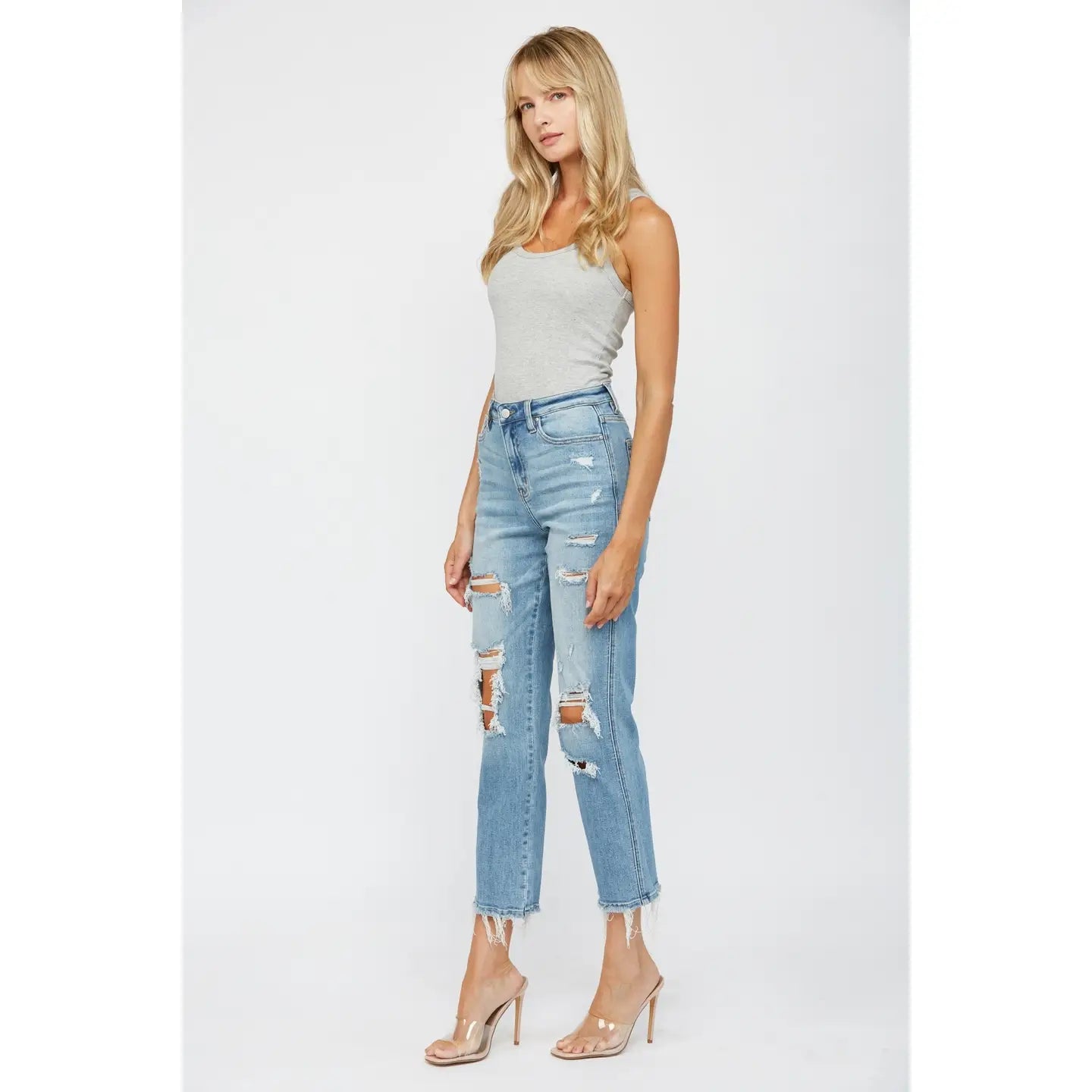 Distressed High Rise Straight Leg Jeans