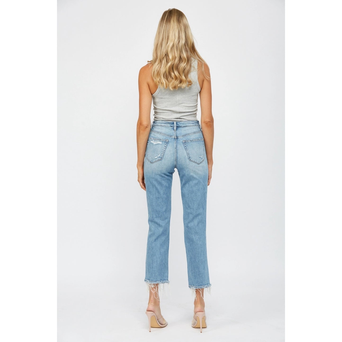Distressed High Rise Straight Leg Jeans